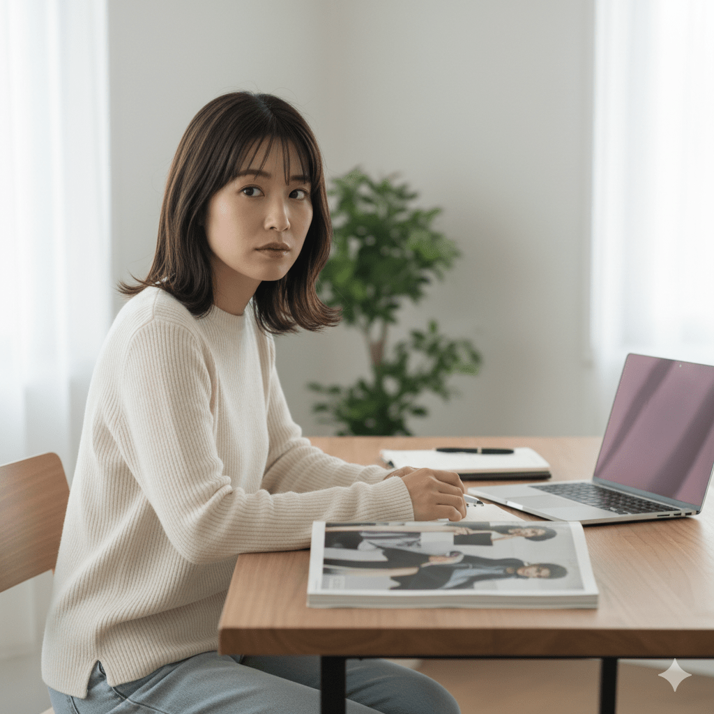 雑誌とPCで衣装情報を確認している様子